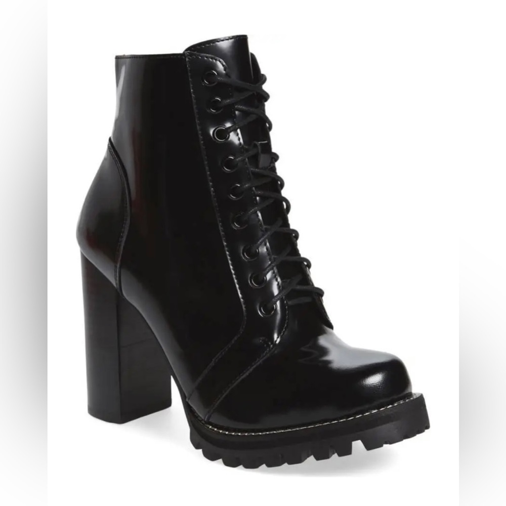 Jeffrey Campbell Black Leather Legion Lug Sole Ankle Bootie Heeled Boots Shoes 7